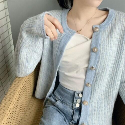 Women Spring Fall Loose Knitted Sweater Female Solid Color Long Sleeve Button Sweater Jacket Gentle Temperament Blue Cardigan