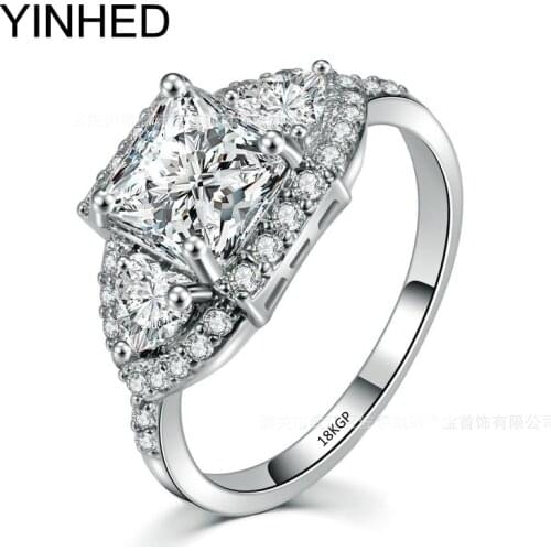 YINHED Princess Cut Shiny CZ Stone Brand Engagement Solitaire Ring 18KGP Cubic Zirconia Wedding Rings for Women Jewelry ZR389