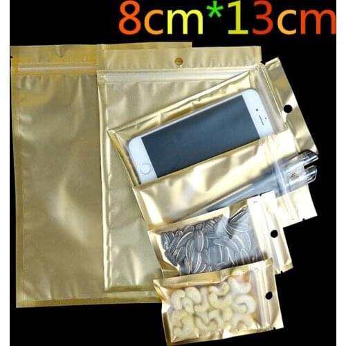 8*13cm Golden / Clear Self Sealed Zipper Plastic Retail Packaging Pack Bag Zip Lock Storage Bag Retail Package With Hang Hole
