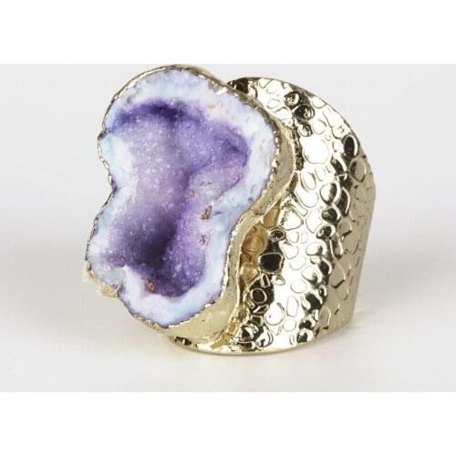 Pure Gold Color Rough Raw Purple Geode Quartz Crystal Stone With Hole Slice Bead Charm Adjustable Open Hammered Ring Cuff Women