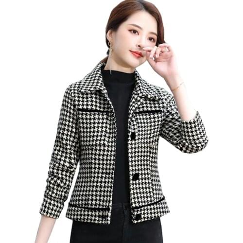 Autumn Winter Women Short Jacket Houndstooth Turn down collar Slim Coat Plus size Single-breasted Casual Female Woolen Outwear