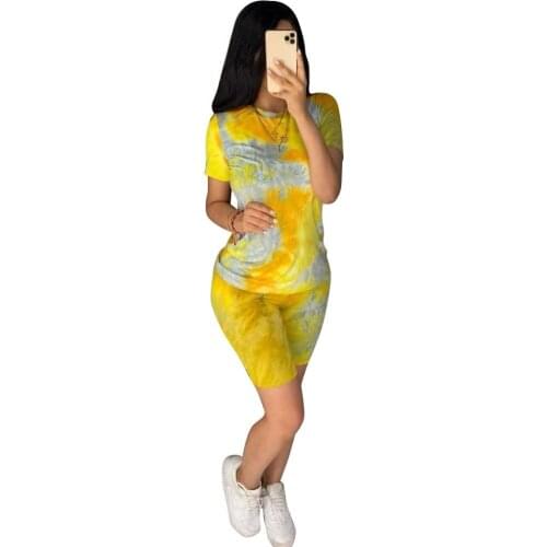 Summer New Fashion Casual Womens Round Collar Yellow Blue Red Tie--Dyed T-shirts Two Suits