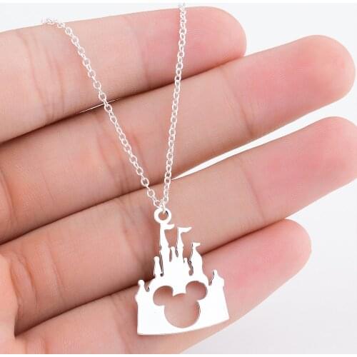 Fashion Cartoon Stainless Steel Mouse Castle Pendant Necklace Animal Kids Girls Womens Jewelry Statement Birthday Gift