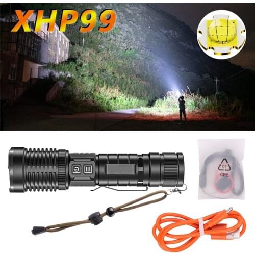 Powerful LED Flashlight XHP99 Torch USB Rechargeable Zoom Waterproof Tactical Torch Searchlight Double Switch For Outdoor