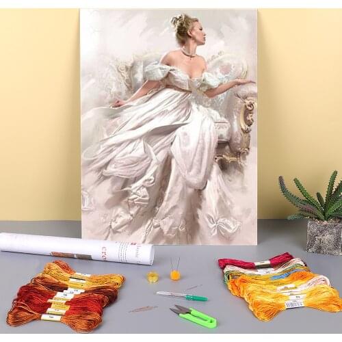 Portrait Woman Printed Water-Soluble Canvas 11CT Cross-Stitch Complete Kit DIY Embroidery DMC Threads Needlework Design