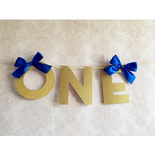 New Silver ONE Banner Kids Highchair Bunting Sign Birthday Flag Baby 1st Party Balloon Decorations Blue Bow Photography booth