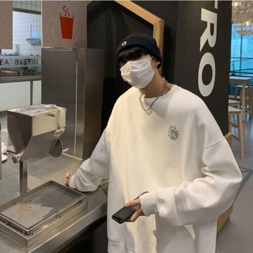 2021 Spring New O-Neck Hoodies Mens Hong Kong Style Plus Velvet Printing Top Couples Oversized Hoodless Sweater Male Sweatshirt