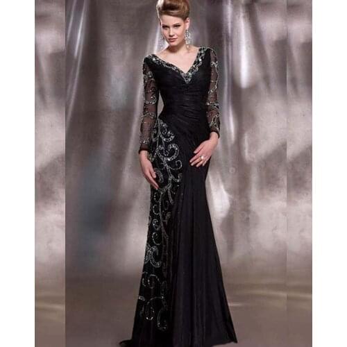 Sexy Sheer Back V-neck Long Sleeve Evening Dresses Women Mermaid Dress Beaded Mother of the Bride Dresses