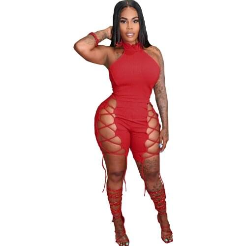 Sexy Women Jumpsuit Bandage Hollow Out O-neck Streetwear Party Night Clubwear Short Ropmer Women Jumpsuit