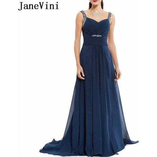 JaneVini Elegant A Line Mother of The Bride Dresses V Neck Sequined Backless Chiffon Navy Blue Dress Vestidos Cerimonia Longos