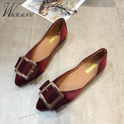 Women Casual Work Loafers Wild Wine Red Flats Spring Summer Pointed Toe Metal Decoration Shallow Shoes 2021Elegant Slip On Shoes
