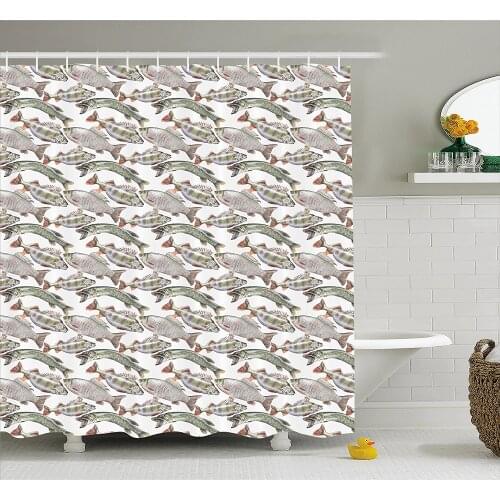 Fishes Shower Curtain Watercolor Common Carp Perch and Bass Freshwater Animals Themed Seafood Drawing Home Decor Bath Curtains