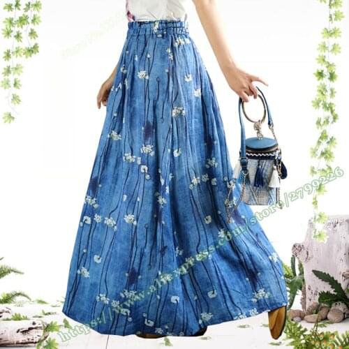 2021 Spring Summer Female Vintage Retro Casual Floral Large Plus Size High Quality 100% Linen Thin Long Maxi Skirts for Womens