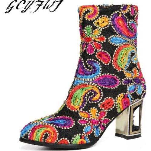 Womens Ankle Boots Retro Ethnic Style And Colored Pointed Hollow Metal Ladies Shoes Zipper-Sid Platform Round Toe Botines Mujer