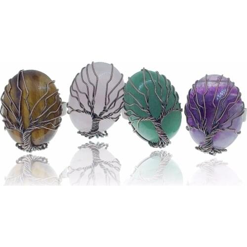 Women Jewelry Finger Rings Antique Bronze Egg Oval Tree Charm Handmade Rings Vintage Wrapped Bead Natural Stone Adjustable Rings