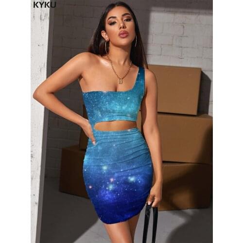 KYKU Brand Galaxy Dresses Women Nebula Halter Sleeveless Space Vestido Sexy Dark Blue Hollow out Dresses Womens Clothing Club
