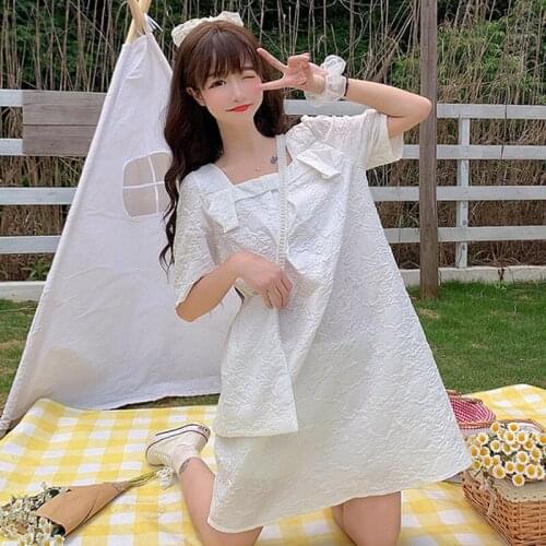 2020 Summer New French Embossed Puff Sleeve Sweet Princess Slim Temperament Dress Women white lolita dress fairy kei