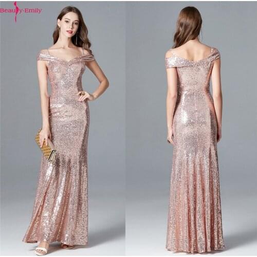 Beauty Emily Sequined V Neck Zipper Back A Line Evening Dress Sexy Off the Shoulder Floor-length Formal Dress Sleeveless 2020