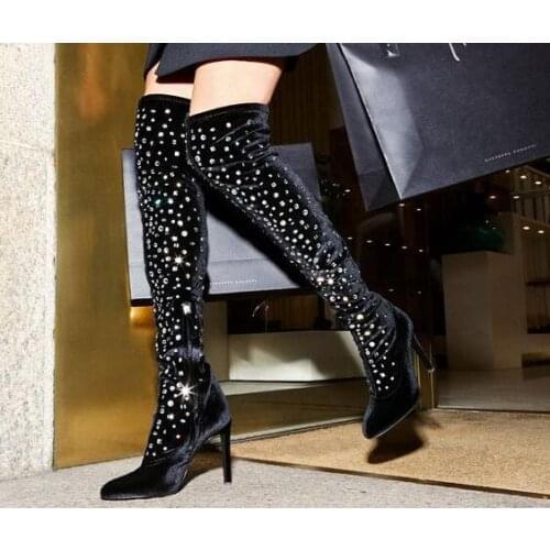 Winter Woman Fashion Burgundy Black Blue Purple Velvet Diamond Over The Knee Boots Bling Bling Pointed Toe Slip On Long Boots