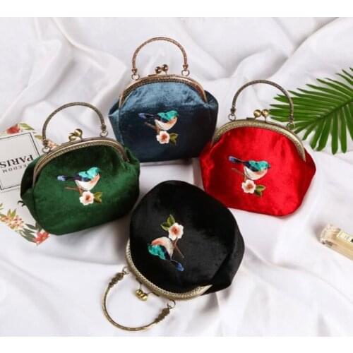 2021 Velvet Velour New Style Embroidered Bird Circular Floral Tassel Sparrow Shoulder Crossover Shoulder Bag Handbag Womens Bag