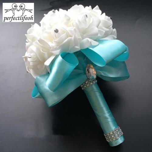 Perfectlifeoh wedding bouq Yellow Royal Blue Purple Red Fuchsia Rose Artificial Bridal Bride Bouquet Wedding Bouquet