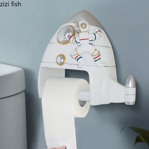 Resin Astronaut Spaceship Paper Roll Holder Free Punching Toilet Bathroom Tissue Holder Wall Hanging Rack Home Decoration Modern