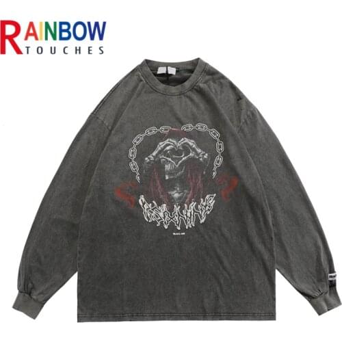 Rainbowtouches Mens Wash Loose Crew Neck Trend Grey T-shirt Skull Print Rib Cuffs Long Sleeve T-shirt Unisex Superior Quality