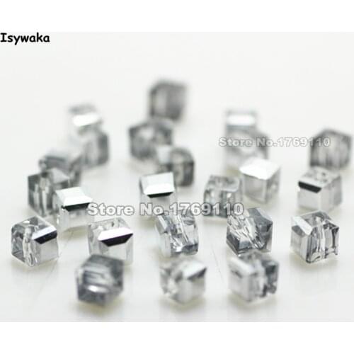 Isywaka 100pcs Cube 4mm Half Silver Color Square Austria Crystal Beads Glass Beads Loose Spacer Bead for DIY Jewelry Making