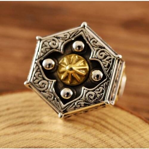 Real S925 Sterling Silver Court Retro Heavy Square Eight Trigrams Six Side Opening Ring Exquisite Commemorative Party Jewelry