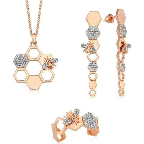 Valori Jewels Bee Honey, Zirconia White Gemstone, Rose Gold Plated, Sterling Silver Trio Set