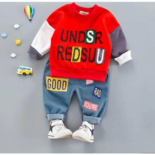 Kids Toddler Boy Girl Letter Clothing Sets Children Hot Sale Brand Boy Fashion Different Color Sleeves T shirt + Jeans Outwear