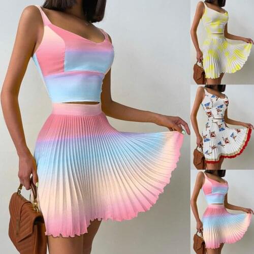 Summer Women Matching Sets Fastion Print Sleeveless Casual Sexy Vest Crop Tops Pleated Skirt Vest Skirt Set Female Two Piece Set