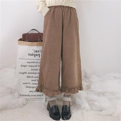 Harajuku Cute Women Wide Leg Pants Japanese Casual High School Girls Straight Tube Floral Edge Corduroy Pants Female Clothing