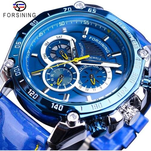 Forsining Blue 2019 New Automatic Mens Watch Fashion Speed Racing Sports Date Day Leather Band Watches Big Dial Mechanical Clock