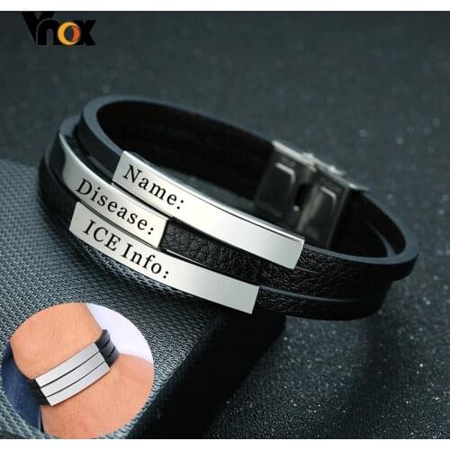 Vnox Mens Multi-Layer Black Leather Wrap Bracelets Personalize Engrave Name Love Friendship ICE Info Custom Gifts for Him