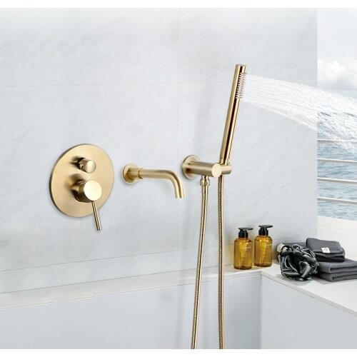 Bathtub Brushed Gold Wall Mount Rain Shower Head Brass Handheld Shower Faucet System Luxury Bathroom Golden Shower Mixer Set