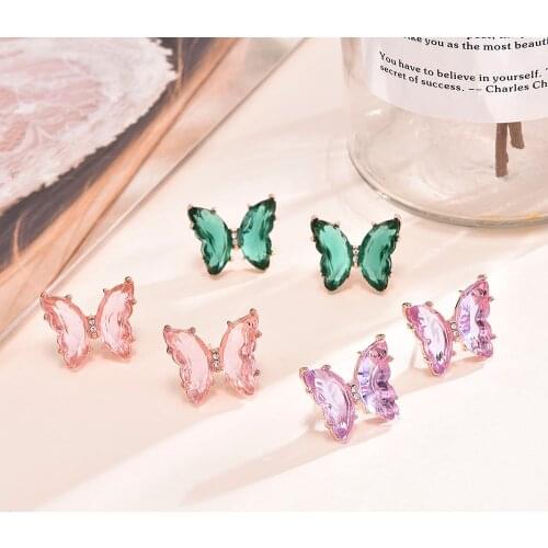 New Korean Super Fairy Girl Fantasy Glass Crystal Butterfly Stud Earring Female Clavicle Chain Popular Earrings Jewelry Girl