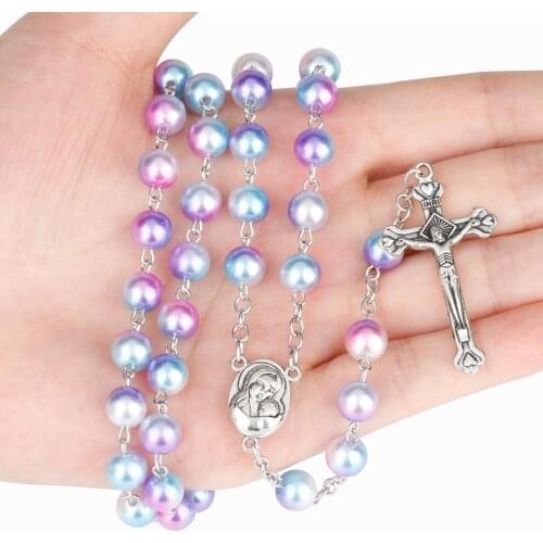 New Starry Sky 12Colors Rosary 8mm Pearl Beads Catholic Rosary Cross With Holy Soil Medal Crucifix Prayer Religious Jewelry