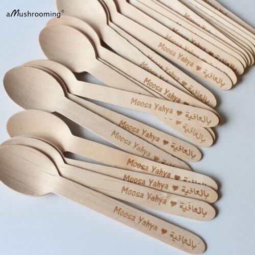 Wholesale Disposable Wooden Spoons Cupcake Dessert Names Personalized Laser Engraved Wood Hebrew Arabic Heart