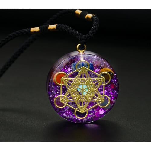 7 Chakra Natural Crystal Metatron Cube Necklace Gems Purple Paillette Pendant Resin Reiki Healing Yoga Meditation Jewelry Gift