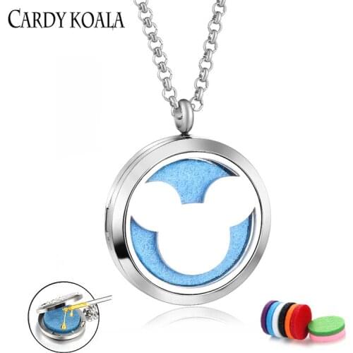 30MM Mickey Head Round Pattern Perfume Essential Oil Necklace Fashion Couple Pendant Stainless Steel Hollow Photo Box Aromathera