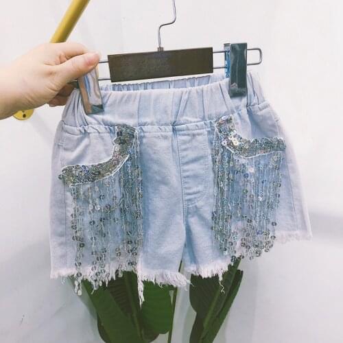 Summer girls hot shorts baby denim shorts kids shorts children bottoms streetwear fashion bling silver sequin tassel 3 to 9 yrs