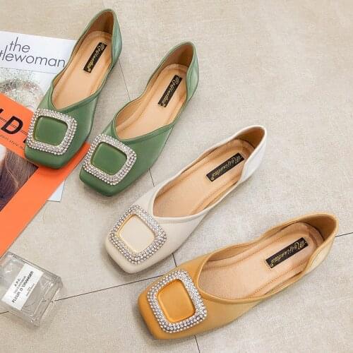 Shallow soft soled pregnant women shoes crystal metal square buckle moccasins side cut out flat singles shoes 43 44 size loafers