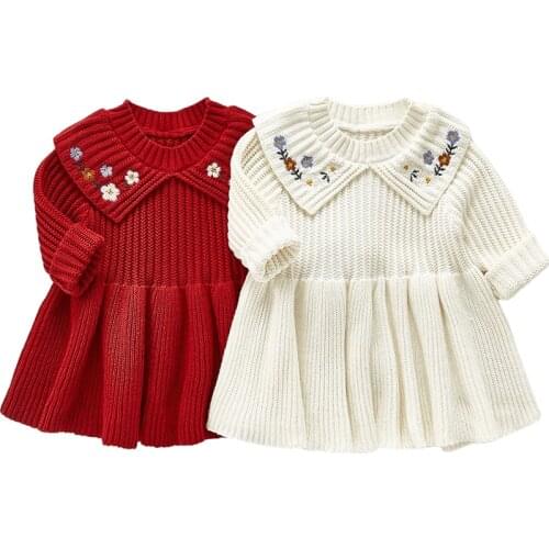 New Girl Baby Sweater Knitted Dress Children Warm Sweater Dress Embroidery Girls Infant Casual Pure Color Pleated Princess Dress