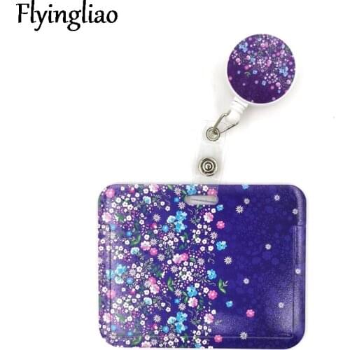 Purple Flowers Cartoon Retractable Badge Reel Lanyard Nurse ID Business Credit Card Work Card Badge Holder Office Holder Bag