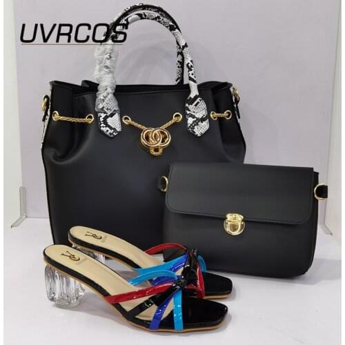 High Quality Italian design Shoes and Bag Set Decorated with Rhinestone Women Shoes Black Color Nigerian Style Shoes and Bags