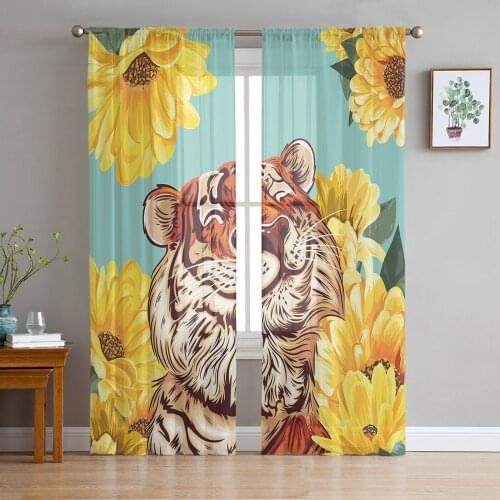 Sunflower Funny Tiger Butterfly Tulle Curtain Voile Transparent Tulle for Bedroom Living Room Kitchen Sheer Window Curtains