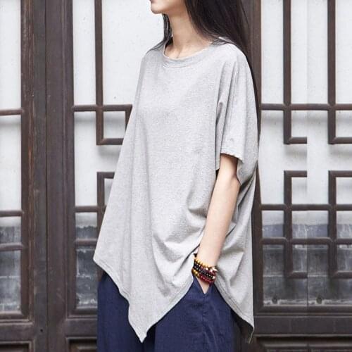 QPFJQD Summer Batwing Sleeve Tops Women Leisure Comfort Cotton Casual Shirts Soft Loose Blouse Retro Asymmetrical Top Blusas