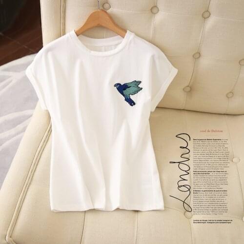 Womens 2020 roll sleeve round neck embroidery bird cotton T-shirt for women 2020-04A