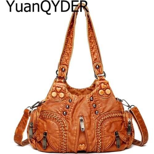 Washed Pu Leather Womens Shoulder Bag Fashion Design Button Rivet Weave Crossbody Bag Vintage Large Handbag Female Travel Totes